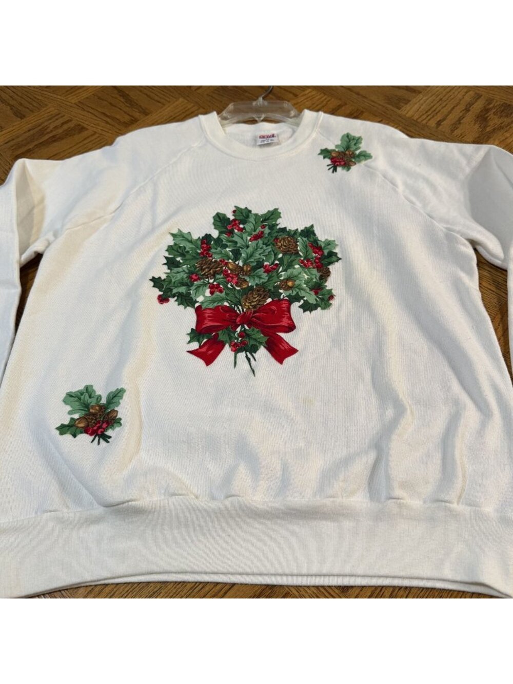 Vintage Anvil White Christmas Sweatshirt Holly & Bow Graphic - XL Made In USA
